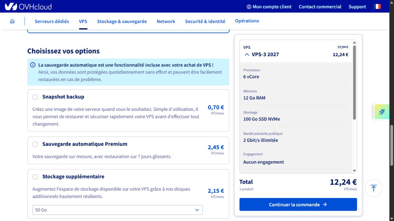 Options supplémentaires OVHcloud laissées décochées