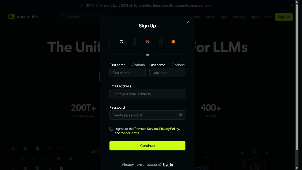 Formulaire de création d’un compte OpenRouter