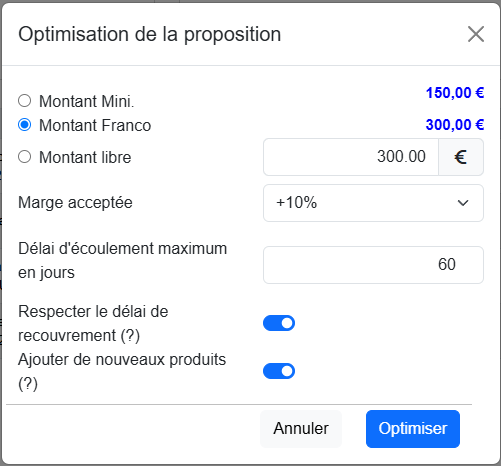 Formulaire d’optimisation d’une proposition de commande ITeck dans AuditStock