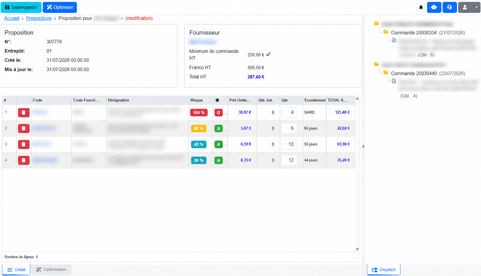 Proposition de commande ITeck avant optimisation dans AuditStock