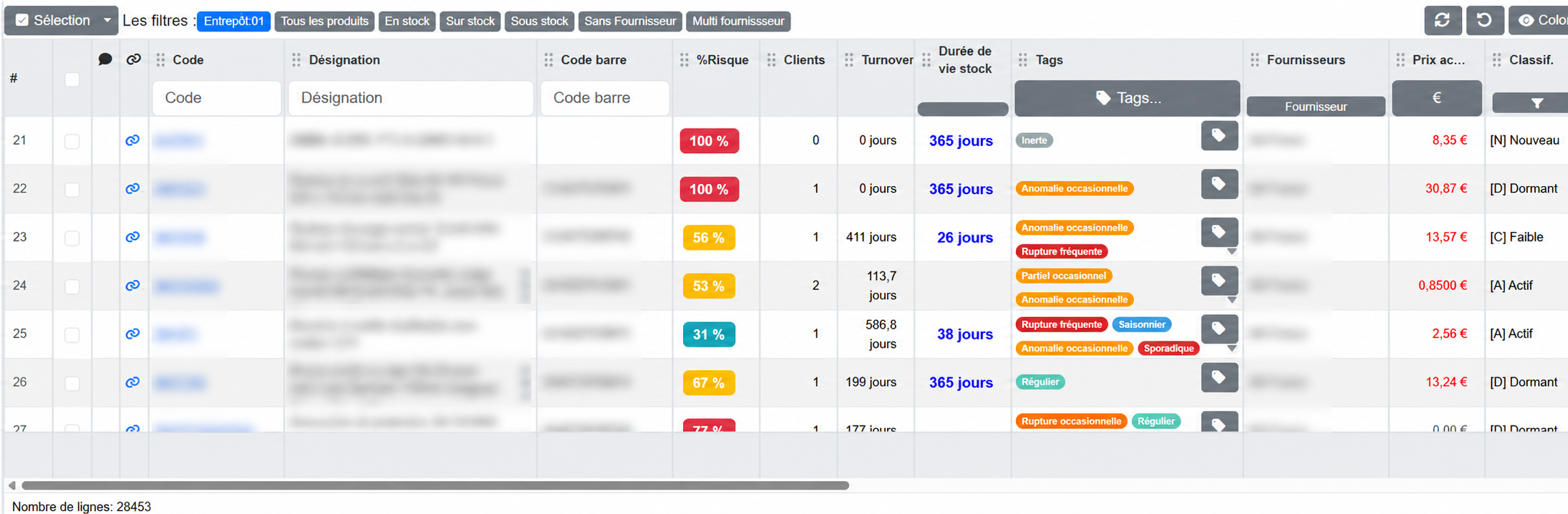 Liste des produits AuditStock avec les tags et profils de vente ProductProfiler visibles, données sensibles anonymisées
